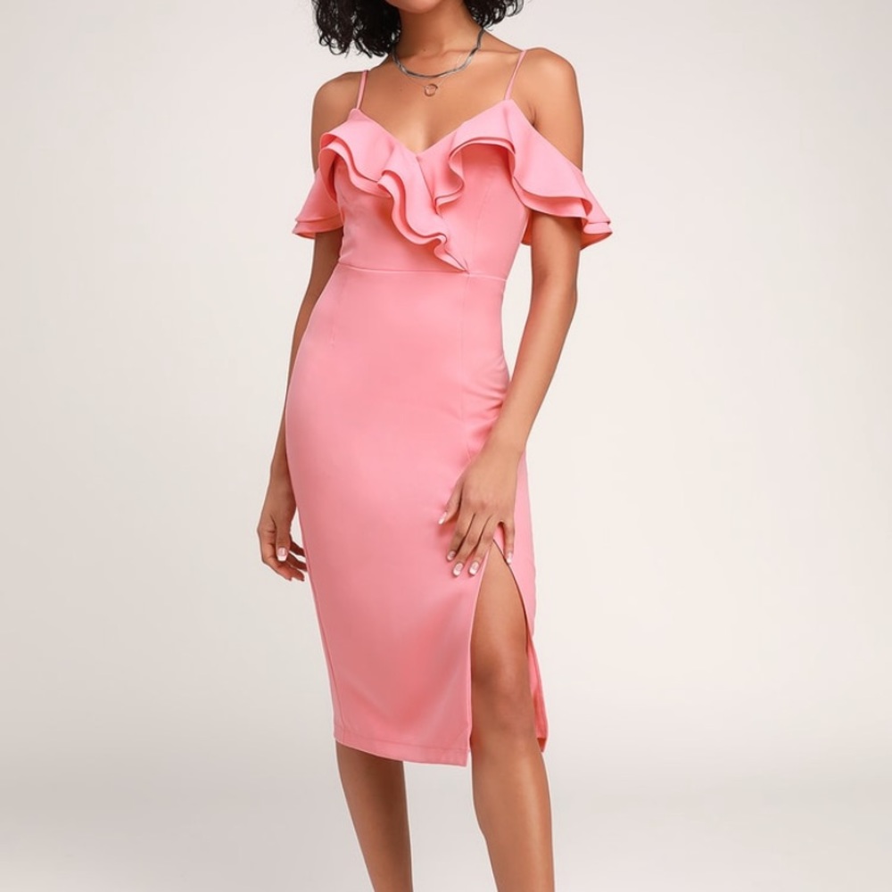 Lulus Hello Sunshine Pink Ruffled Bodycon Midi Dress Sz M